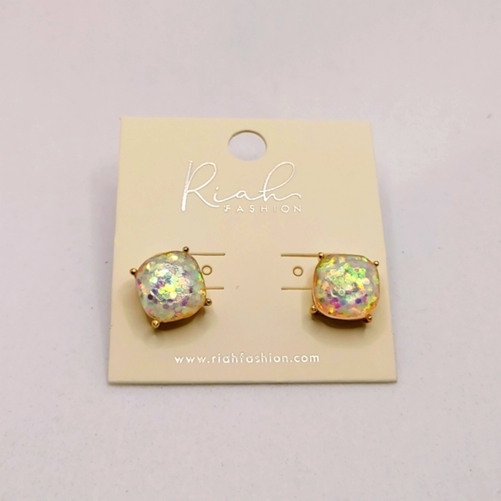 Riah Fashion Iridescent Glitter Stud Earrings Gold Square - Picture 7 of 10